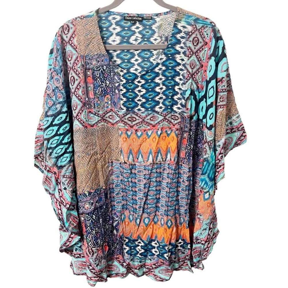 Tolani Blouse Women's XLP Petite Geometric Printed Caftan Tunic Bohemian Artsy